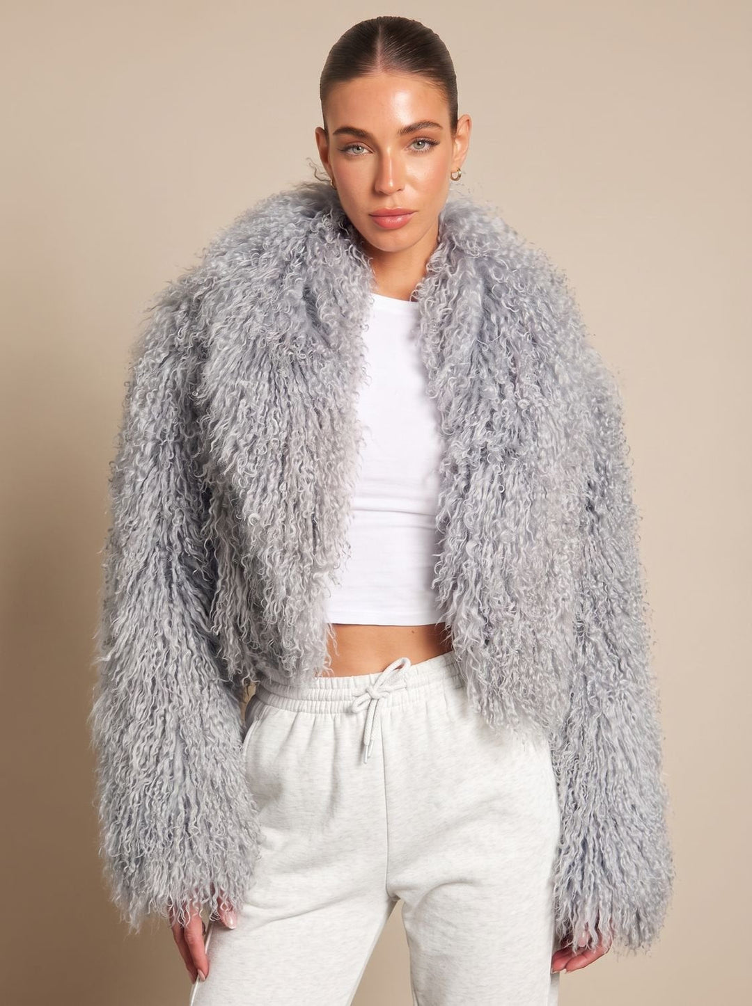 Women's Cropped Puffer Coat Faux Fur in Grey