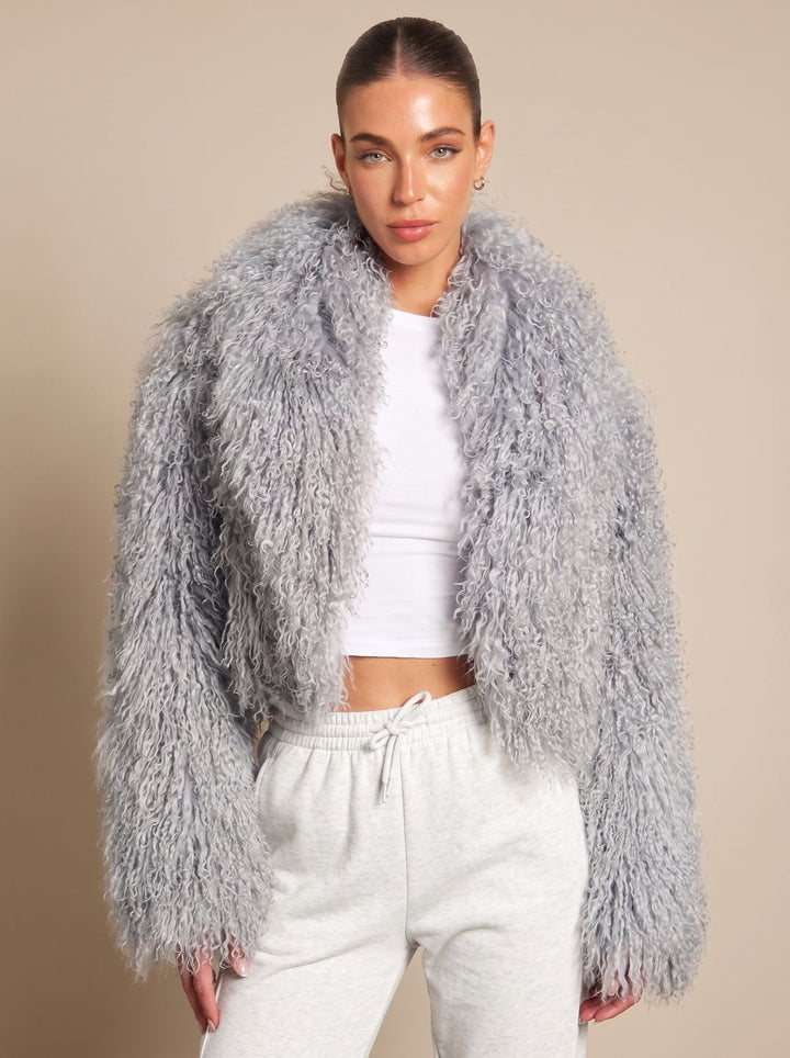 Women's Cropped Puffer Coat Faux Fur in Grey