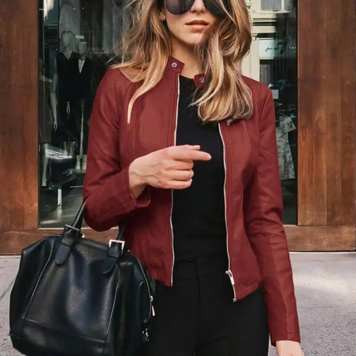 Women's Cropped Structured Leather Jacket in Burgundy