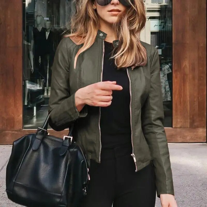 Women's Cropped Structured Leather Jacket in Green Leather