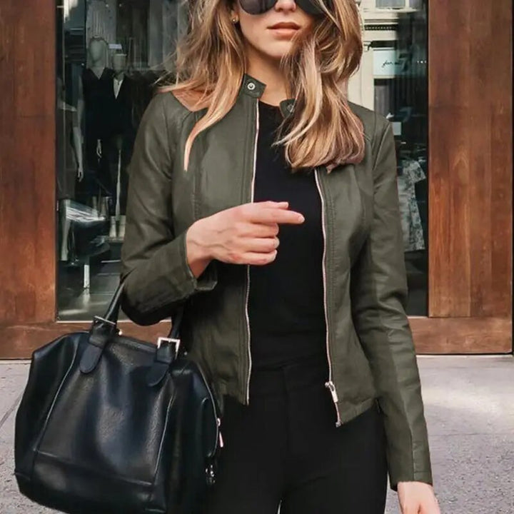 Women's Cropped Structured Leather Jacket in Green Leather