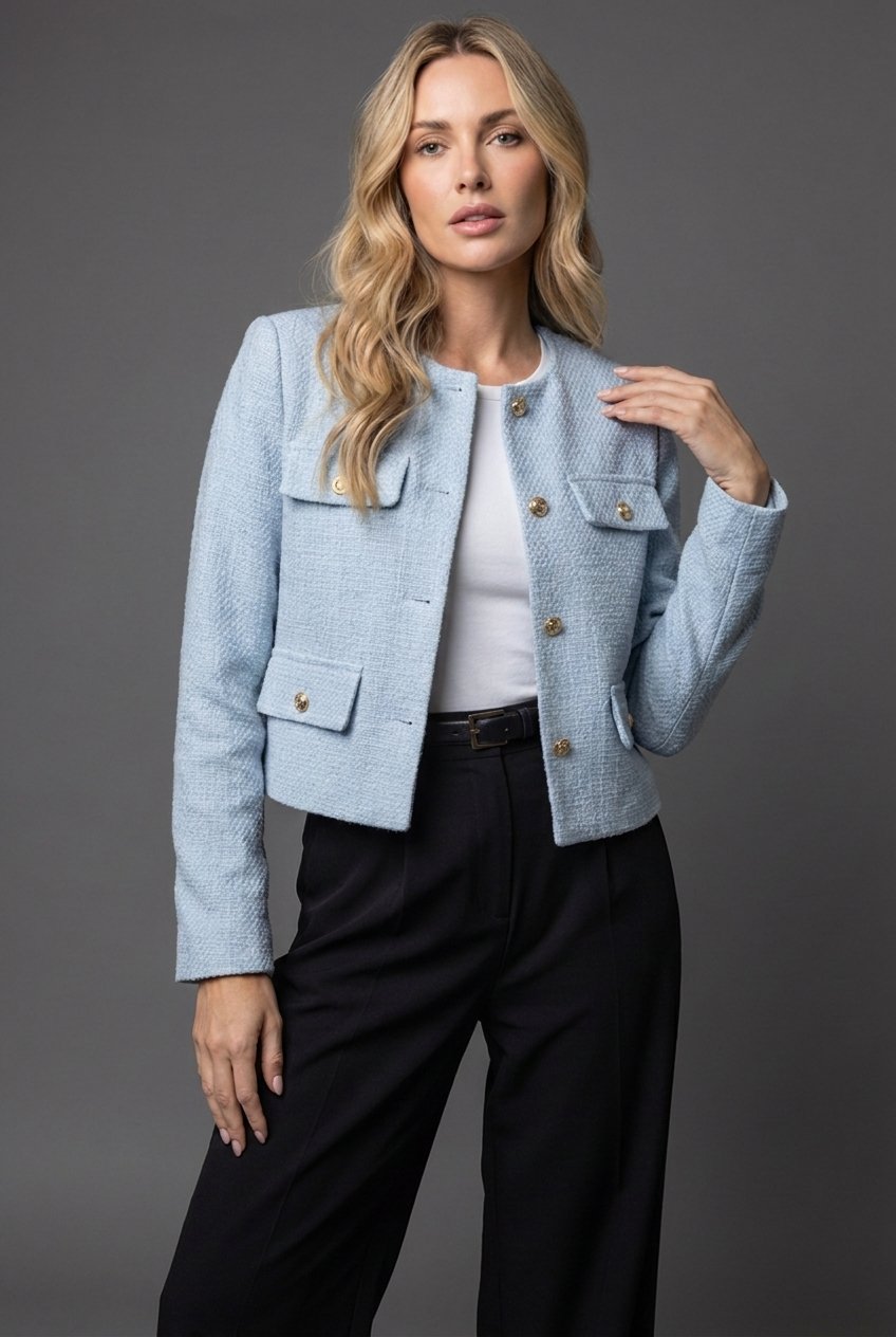 Women's Cropped Tweed Jacket for Elegant Occasions in Light Blue