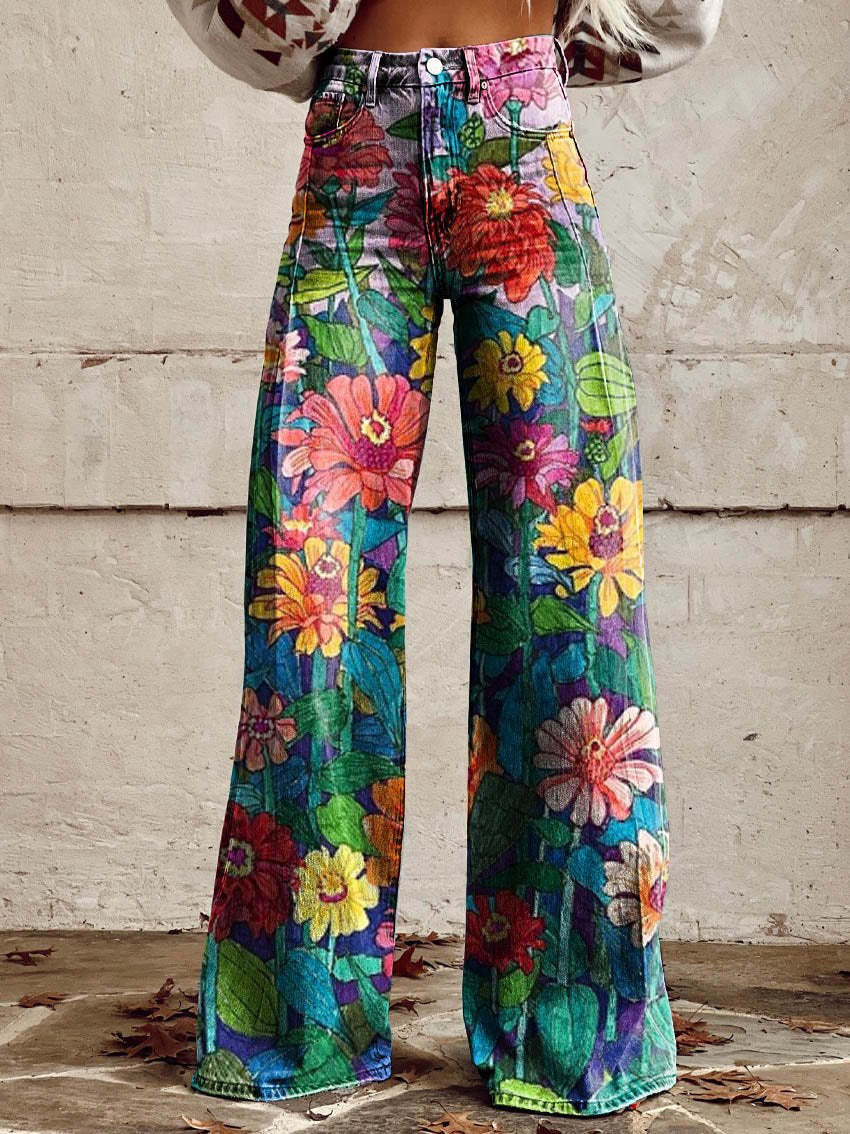 Women's Daisy-Print Wide-Leg Summer Trousers in Gänseblümchen