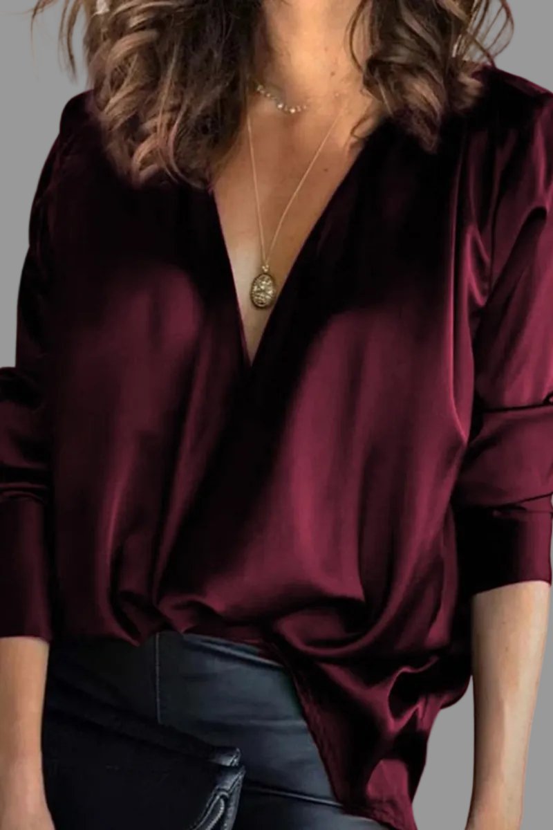 Women's Deep V-Neck Long Sleeve in Burgundy