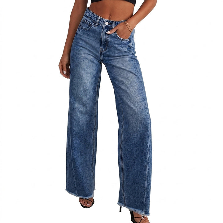 Women's Denim Wide Leg Pants with High Waist in Dark Blue