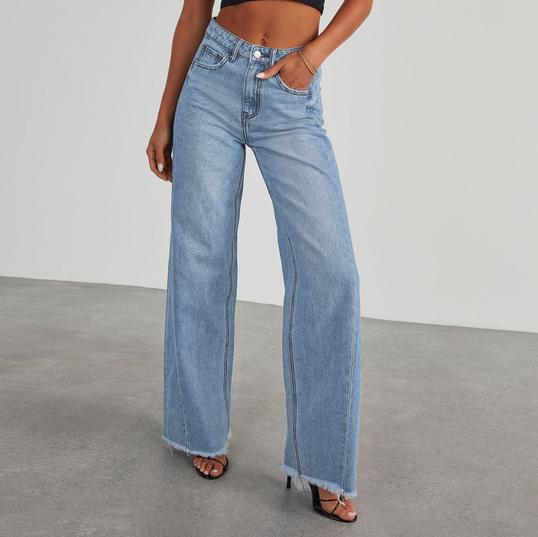 Women's Denim Wide Leg Pants with High Waist in Light Blue