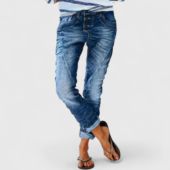 Women's Distressed Slim Jeans for Everyday Wear in Mittelblau