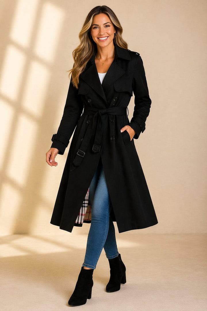 Women's Double-Breasted Trenchcoat with Belt in Black
