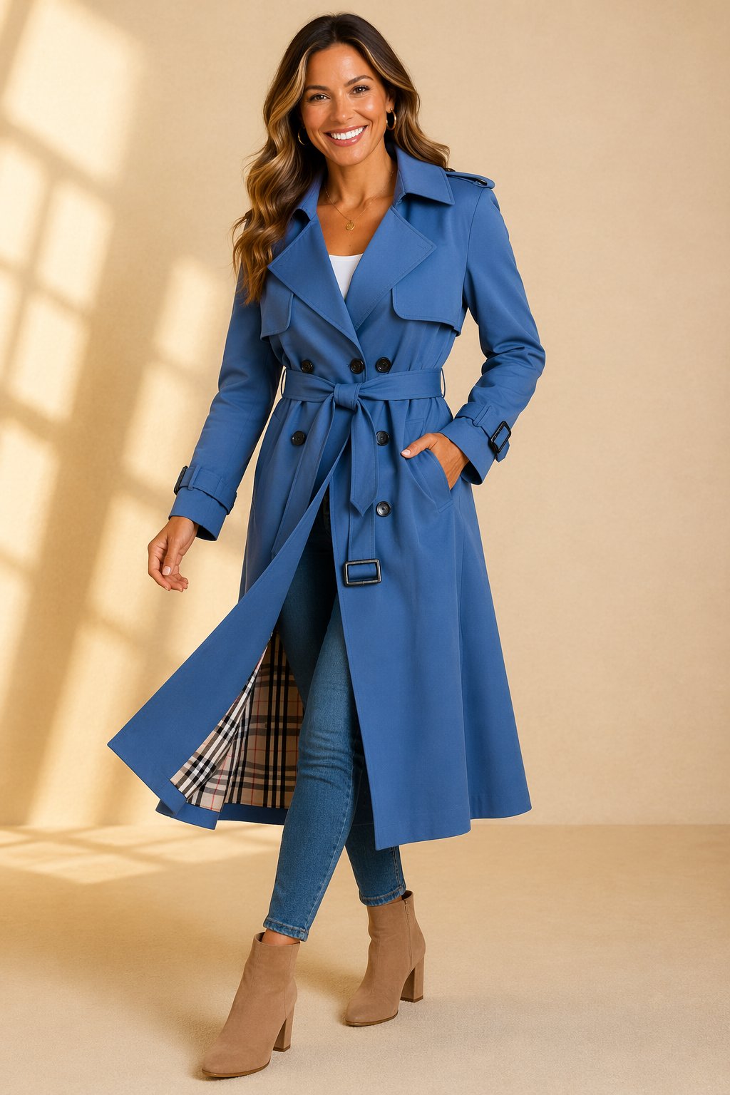Women's Double-Breasted Trenchcoat with Belt in Blue