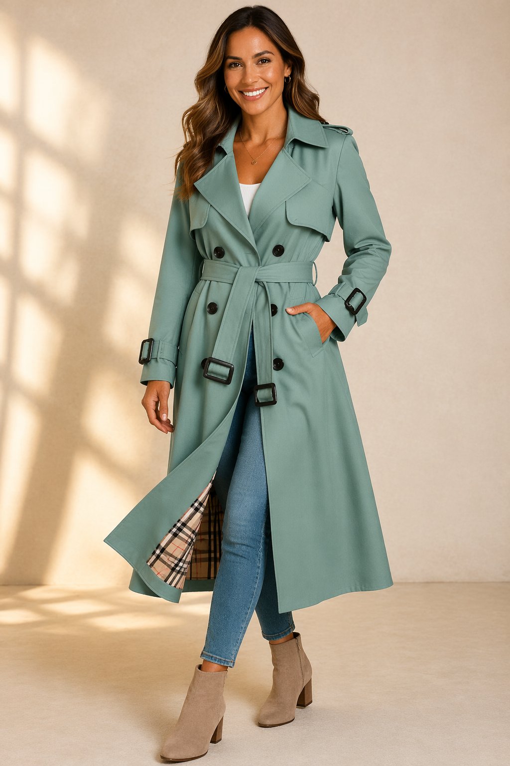 Women's Double-Breasted Trenchcoat with Belt in Green
