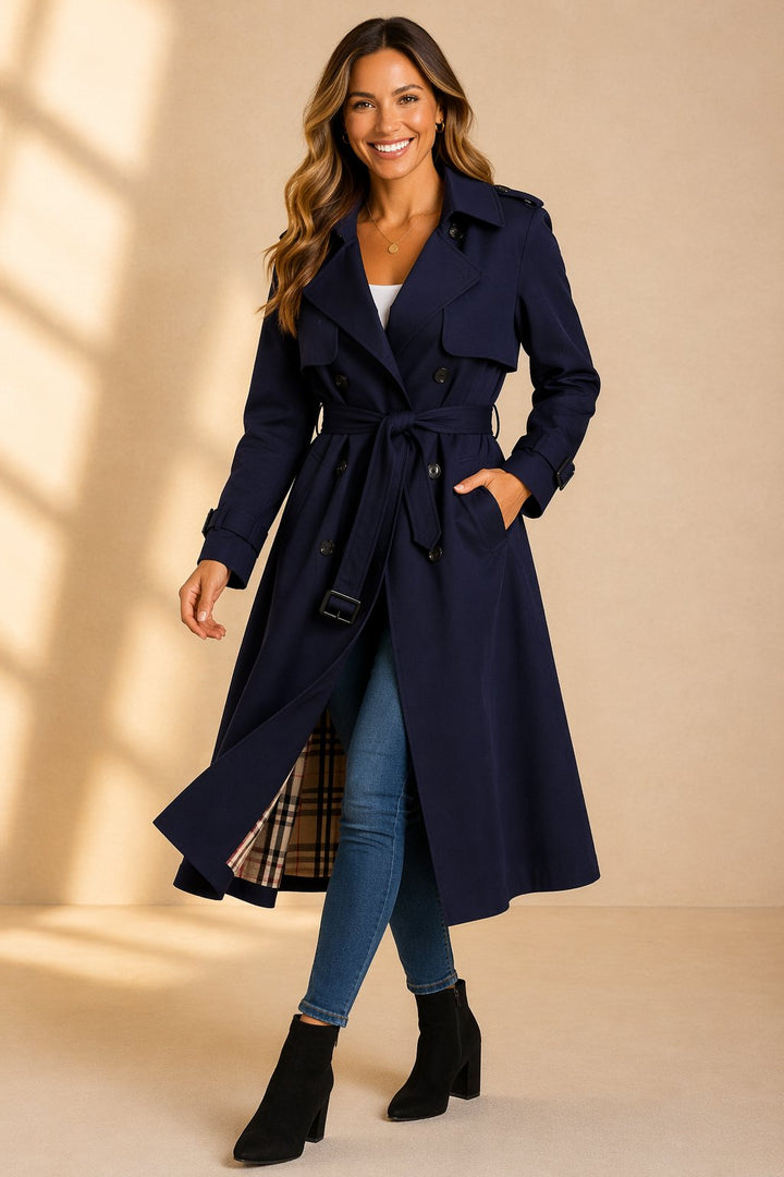 Women's Double-Breasted Trenchcoat with Belt in Navy