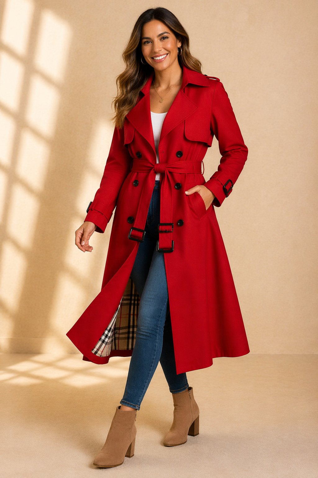 Women's Double-Breasted Trenchcoat with Belt in Red