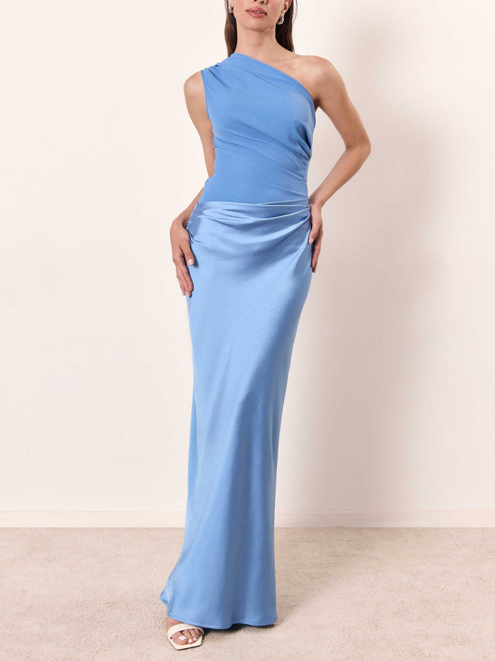 Women's Draped Maxi Fall Wedding Guest Dress in Blue