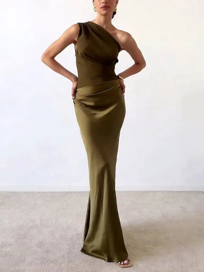 Women's Draped Maxi Fall Wedding Guest Dress in Green