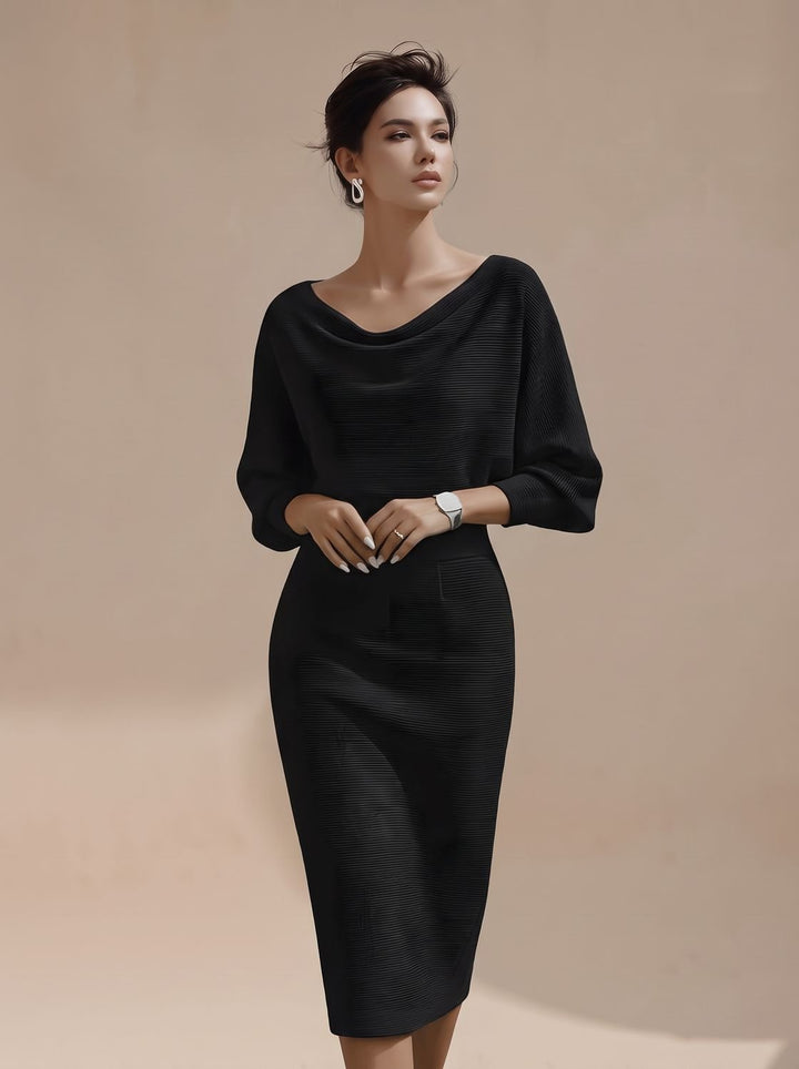 Women's Draped Midi Knit Jumper Dress in Black