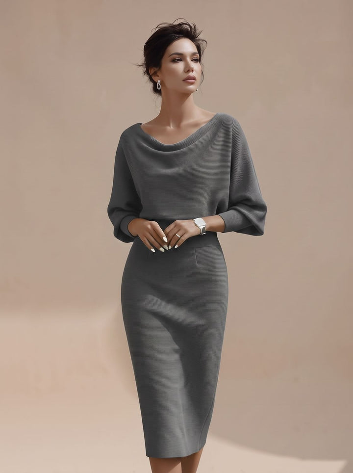 Women's Draped Midi Knit Jumper Dress in Grey