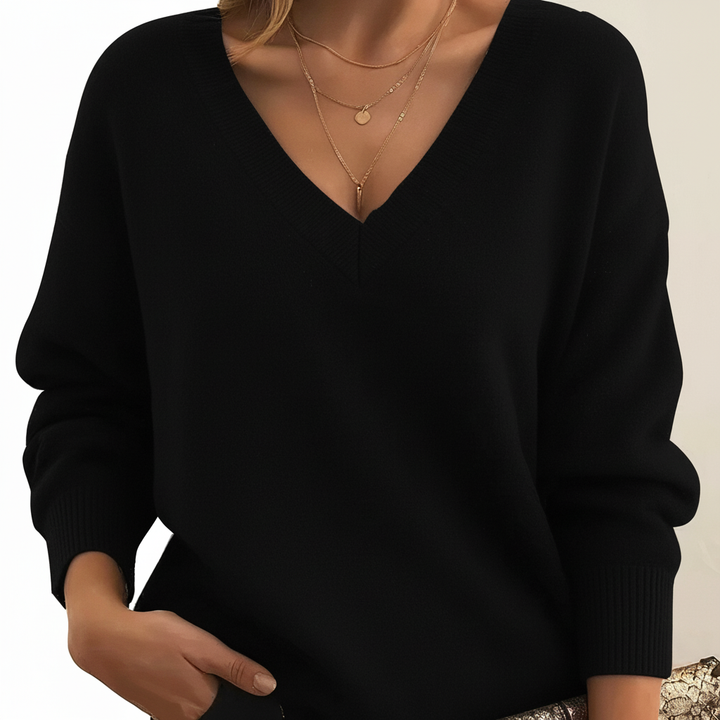 Women's Elegant Cashmere Christmas Jumper with V-Neck in Black
