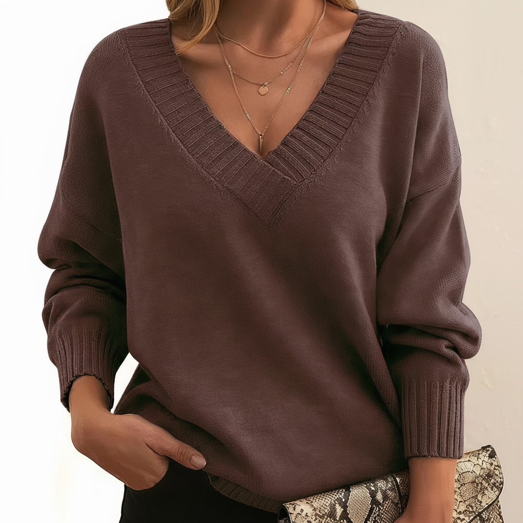 Women's Elegant Cashmere Christmas Jumper with V-Neck in Brown