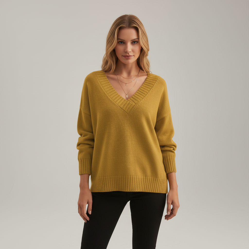 Women's Elegant Cashmere Christmas Jumper with V-Neck in Yellow