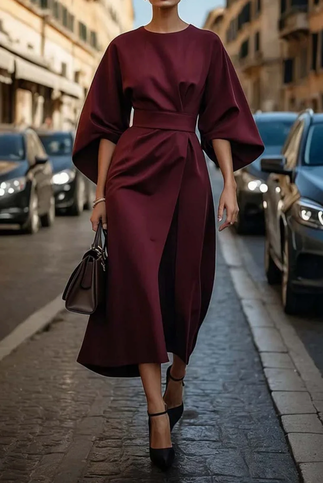 Women's Elegant Evening Dress with Voluminous Sleeves in Burgundy