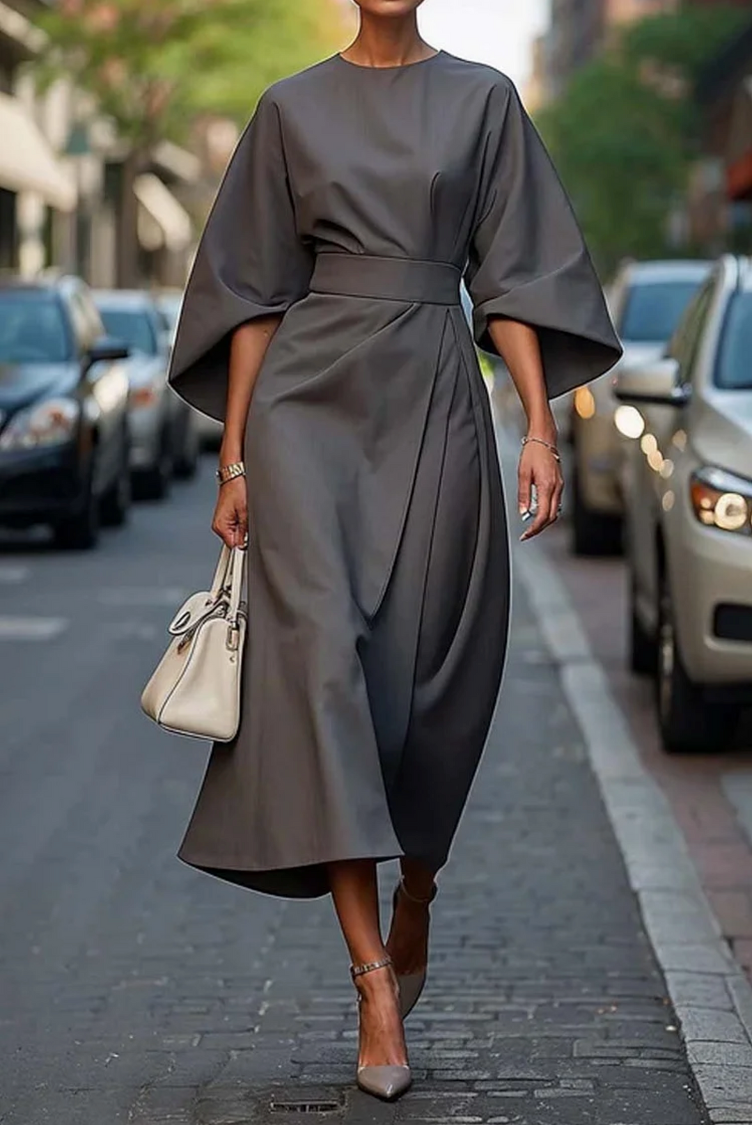 Women's Elegant Evening Dress with Voluminous Sleeves in Grey