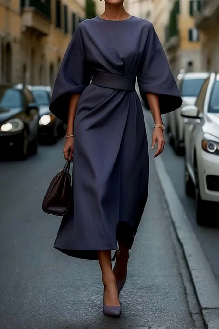 Women's Elegant Evening Dress with Voluminous Sleeves in Navy Blue