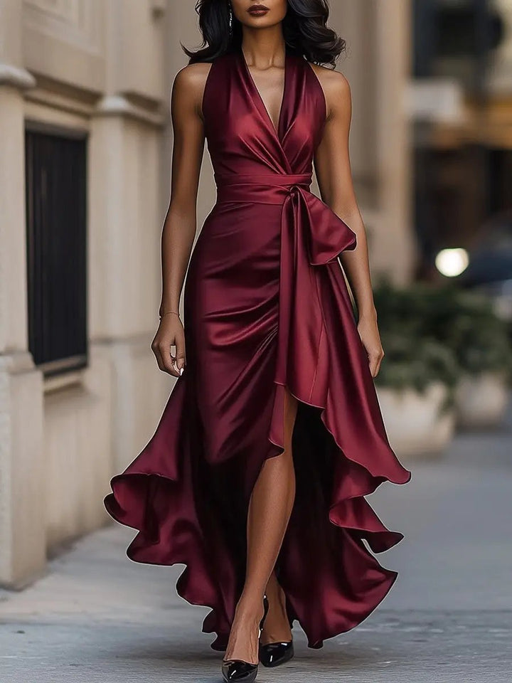 Women's Elegant Fall Wedding Guest Dress in Burgunder