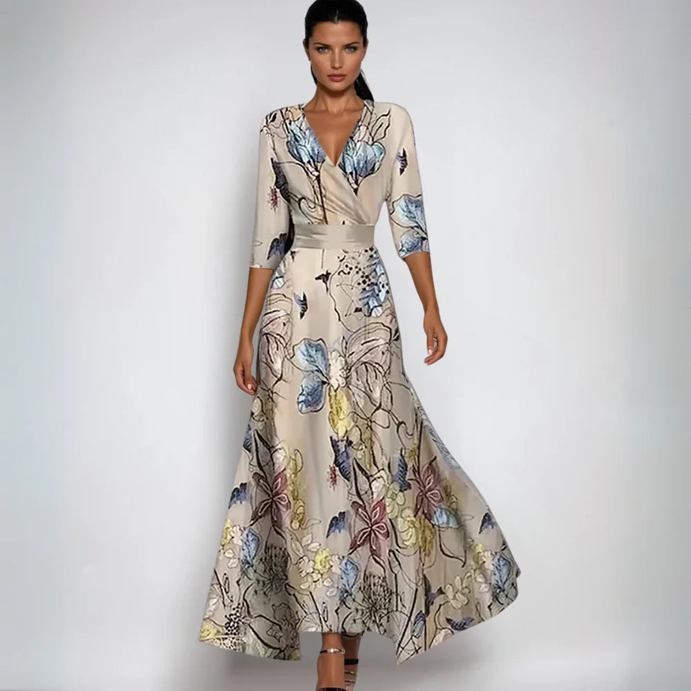 Women's Elegant Floral Long Evening Dress in Sand/Beige