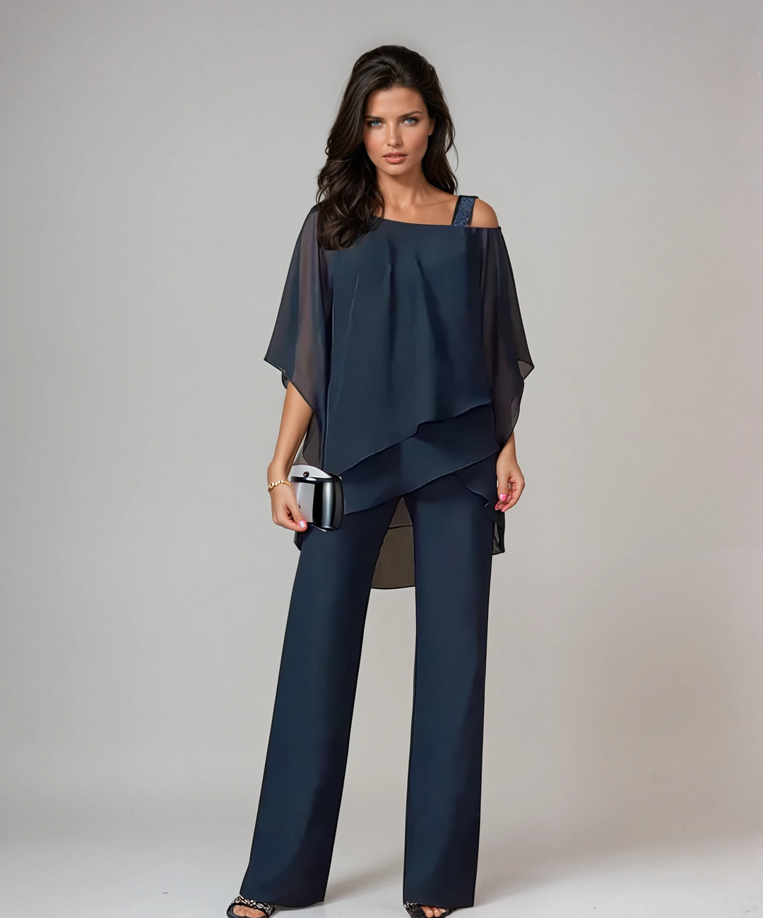 Women's elegant flowing layered set in Navy