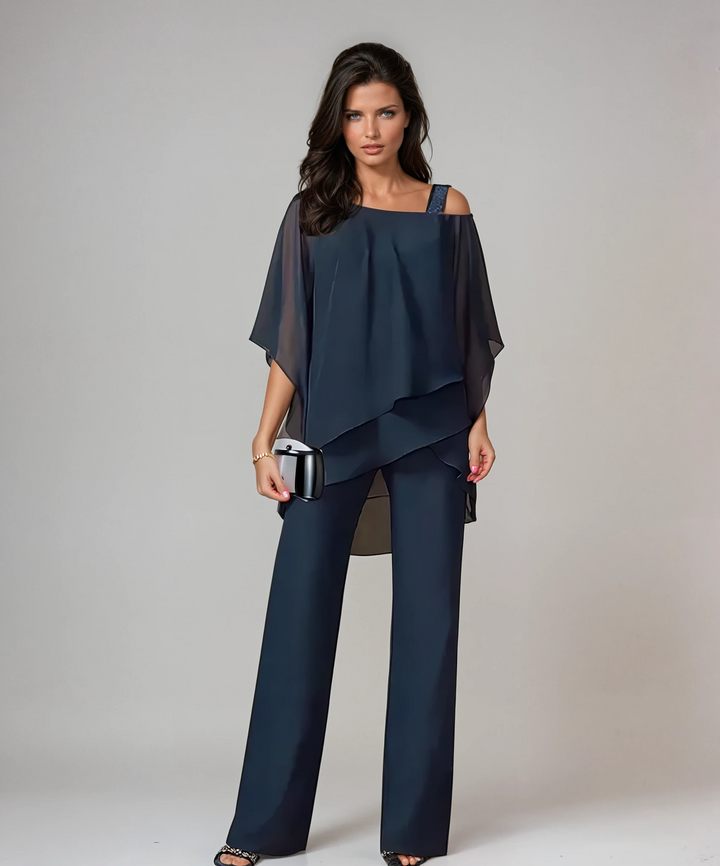Women's elegant flowing layered set in Navy
