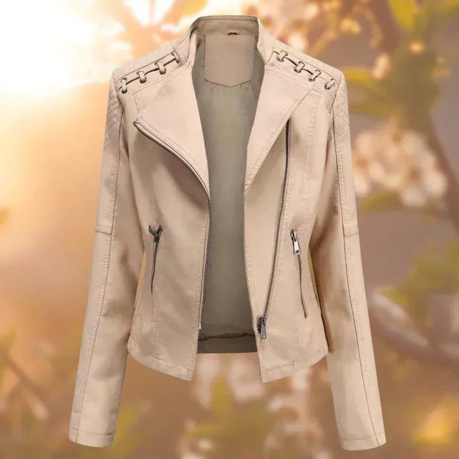 Women's Elegant Leather Jacket for Autumn in Beige