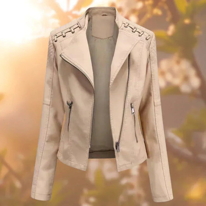 Women's Elegant Leather Jacket for Autumn in Beige