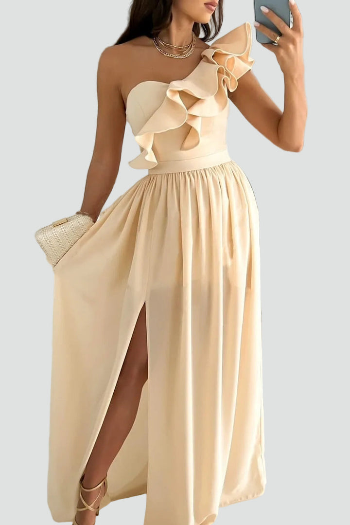 Women's Elegant Maxi Cocktail Dress with Split in Beige