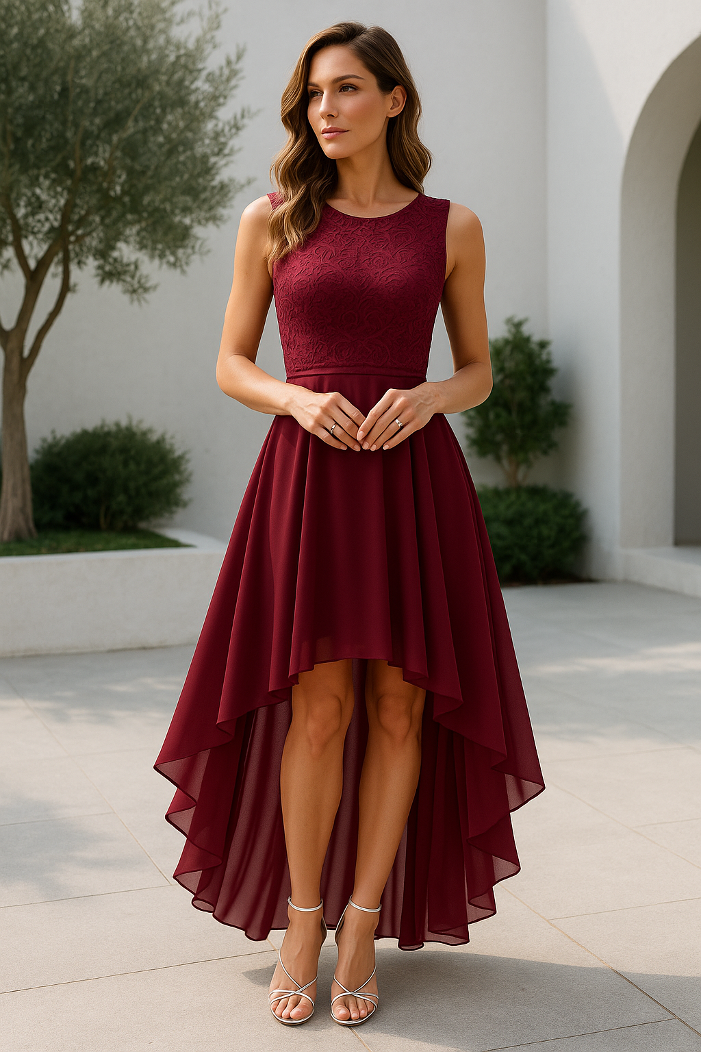Women's Elegant Midi Dress for Wedding Guests in Dark Red 1