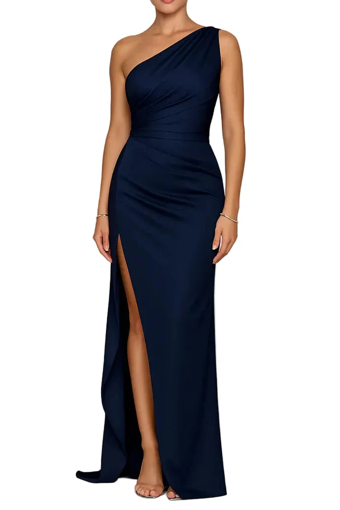 Women's Elegant One-Shoulder Maxi Party Dress in Navy