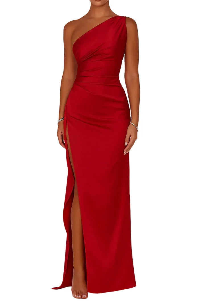 Women's Elegant One-Shoulder Maxi Party Dress in Red