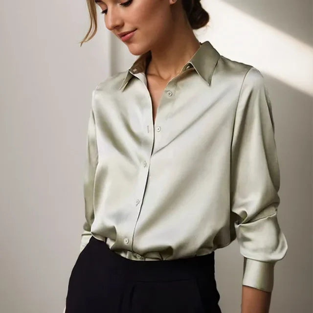 Women's Elegant Satin Blouse for Professional Wear in Green