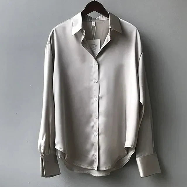 Women's Elegant Satin Blouse for Professional Wear in Grey