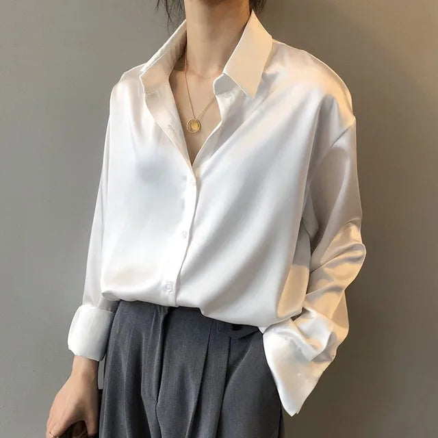 Women's Elegant Satin Blouse for Professional Wear in White