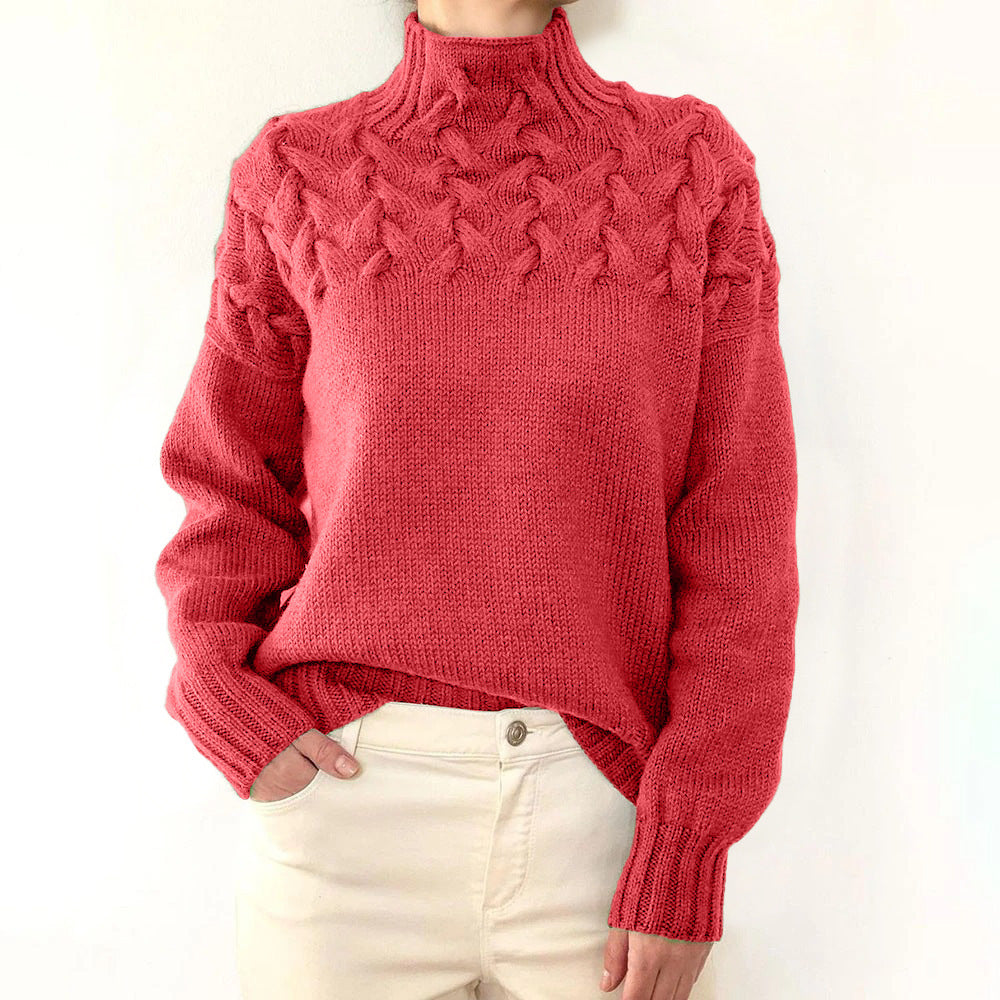 Women's Elegant Turtleneck Knit Sweater in Light Red