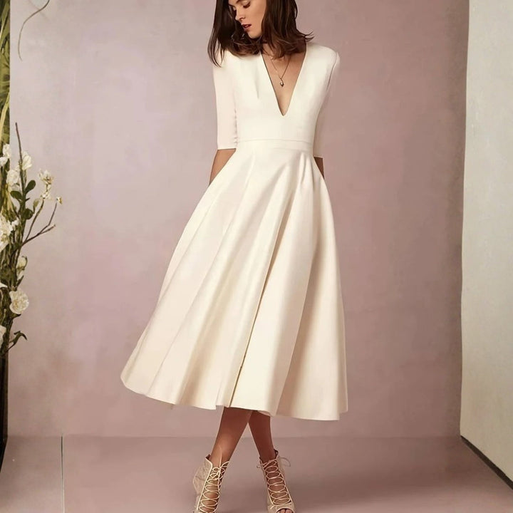 Women's Elegant Wedding Guest Midi Dress in White 3