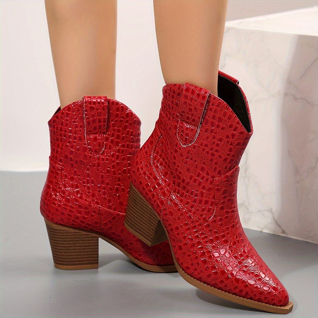 Women's Embossed Ankle Boots with Slip-On Fit in Red