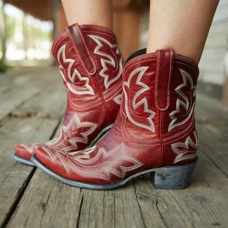Women's Embroidered Leather Cowboy Boots in Red