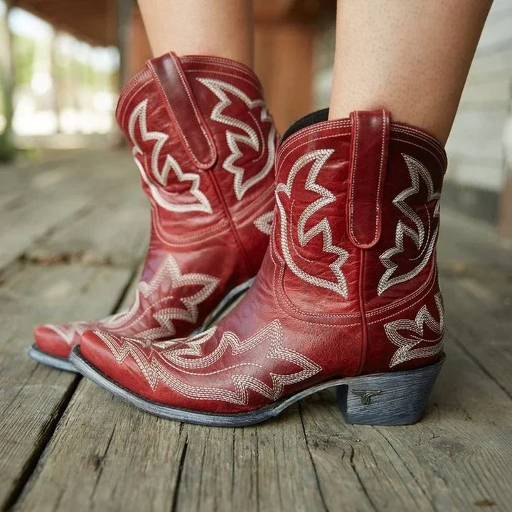 Women's Embroidered Leather Cowboy Boots in Red