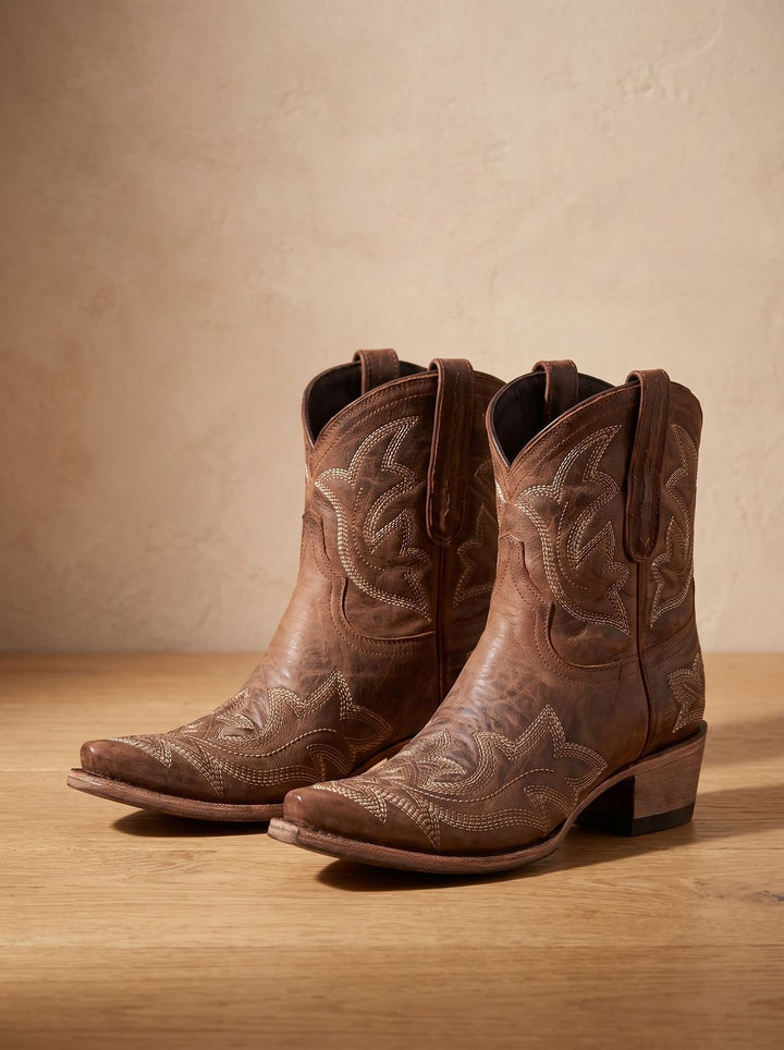 Women's Embroidered Western Knee-High Leather Boots in Brown