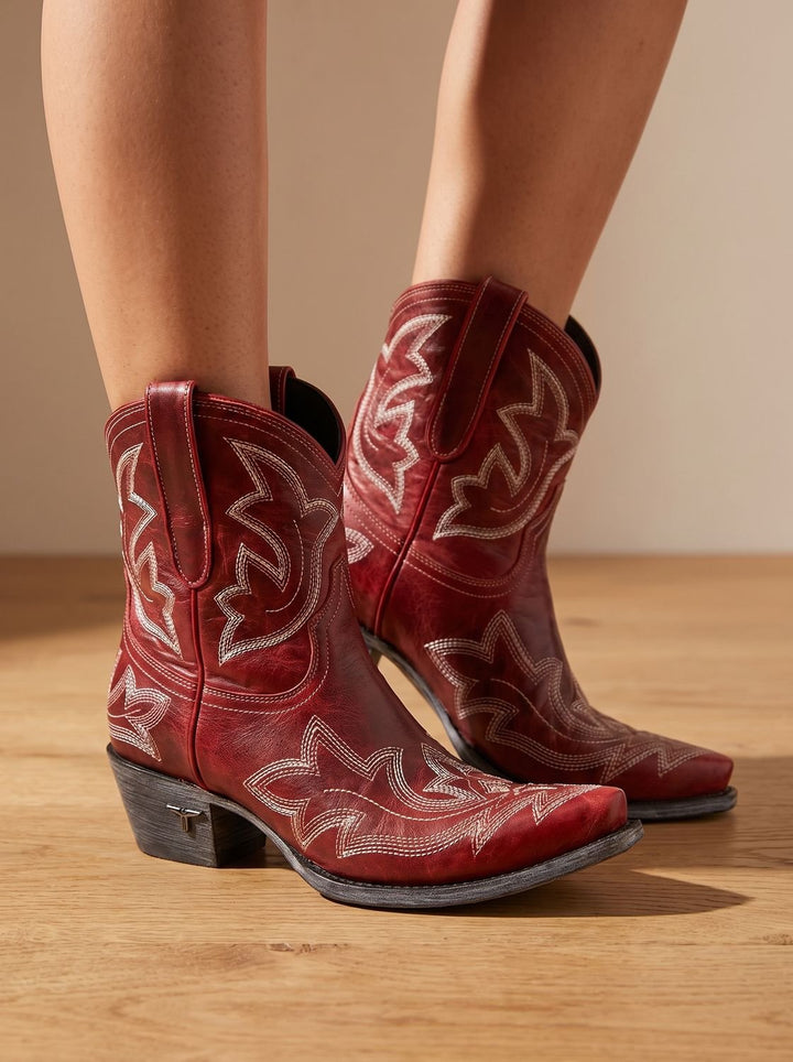 Women's Embroidered Western Knee-High Leather Boots in Red