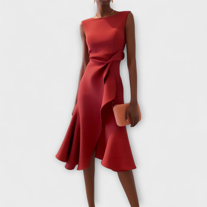 Women's Fall Wedding Guest Midi Dress in Red