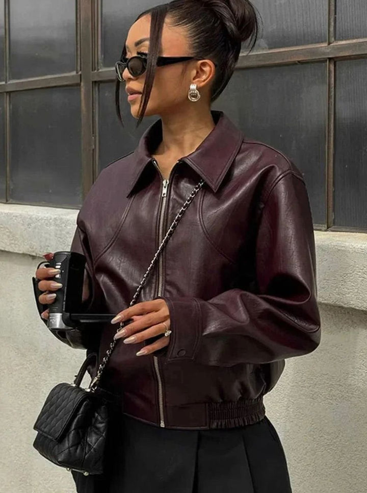 Women's Faux Leather Cropped Trench Coat in Burgundy