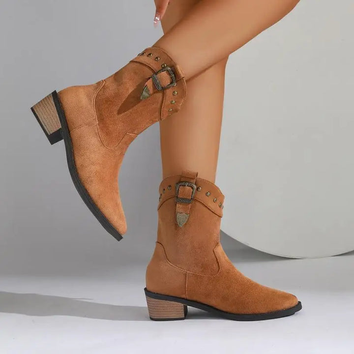 Women's Faux Suede Block Heel Ankle Boots (5)