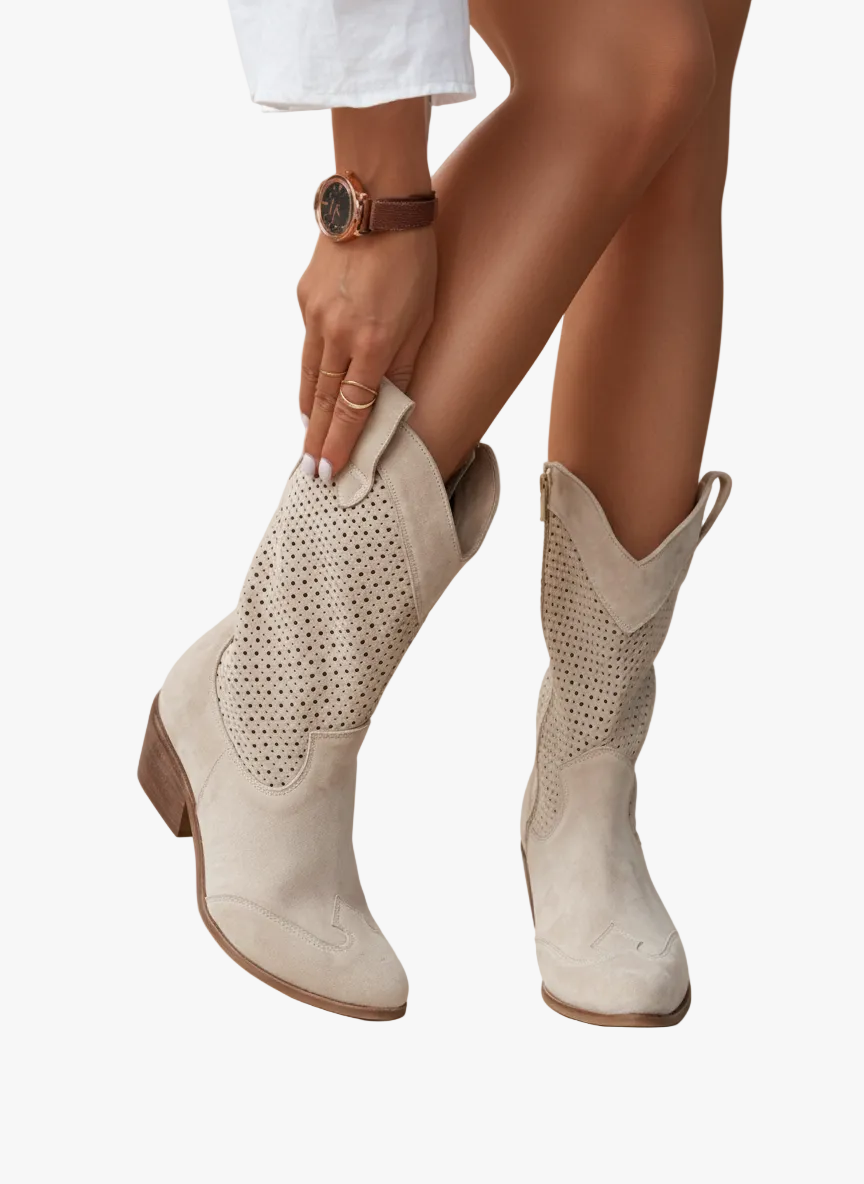 Women's Faux Suede Western Boots, Mid-Calf in Beige